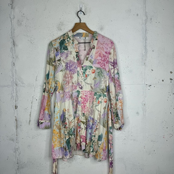 Zara Dresses & Skirts - Zara Linen Long Sleeve Waist Tie Floral Bird Whimsical Dress Blogger Fav Size XL